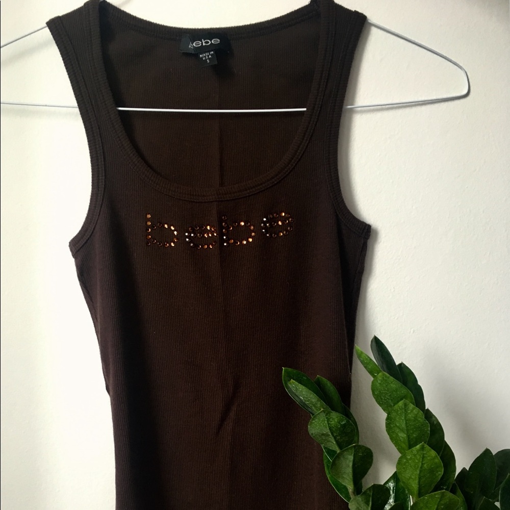Brown bebe Rhinestone Logo Tank Top